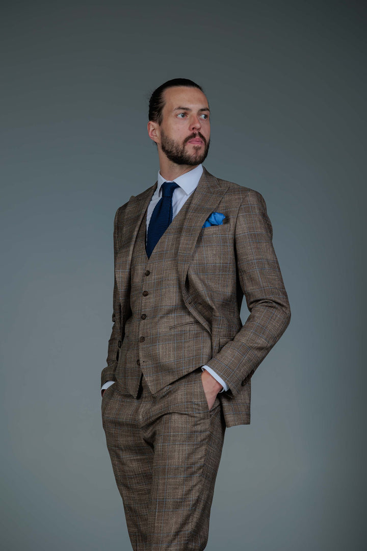 Three-piece brown check suit