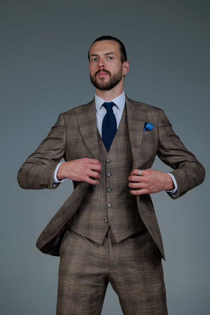Three-piece brown check suit