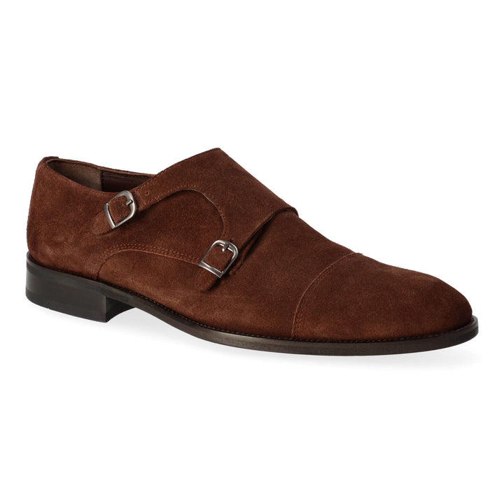 Brown patent leather ankle boots with two buckles