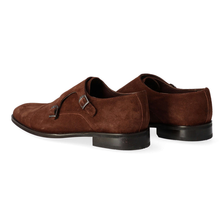 Brown patent leather ankle boots with two buckles