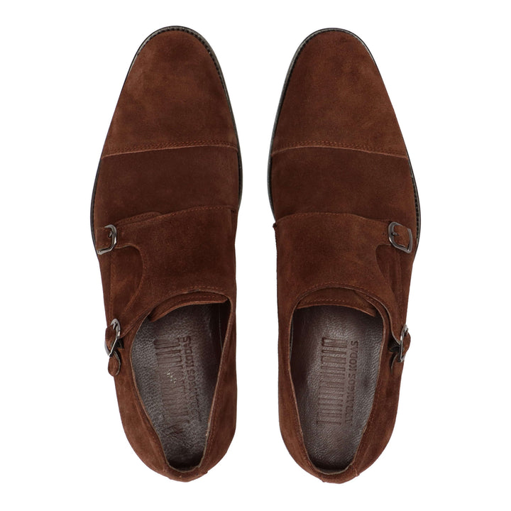 Brown patent leather ankle boots with two buckles