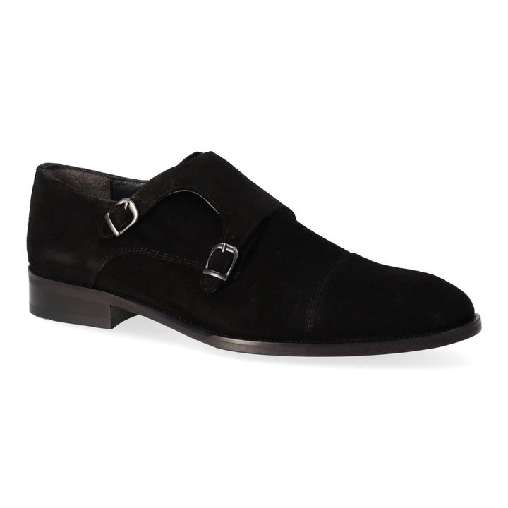 Black patent leather ankle boots with two buckles