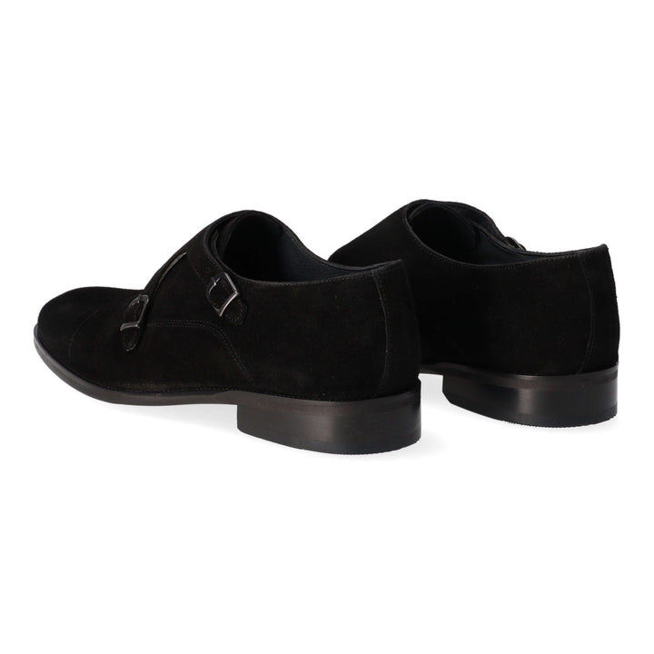 Black patent leather ankle boots with two buckles