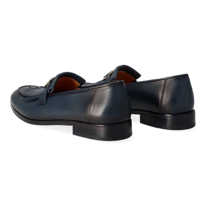 Blue leather loafers with gold detail