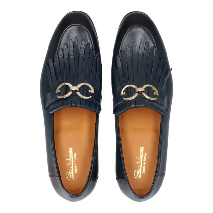 Blue leather loafers with gold detail