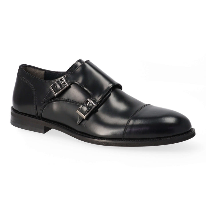 Black leather loafers with two buckles