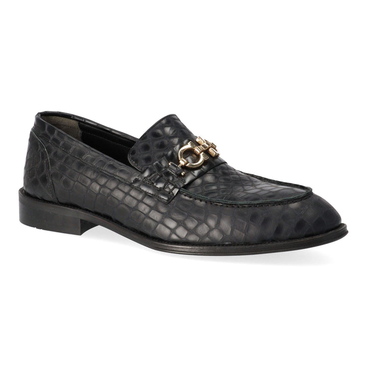 Black leather loafers with gold detail