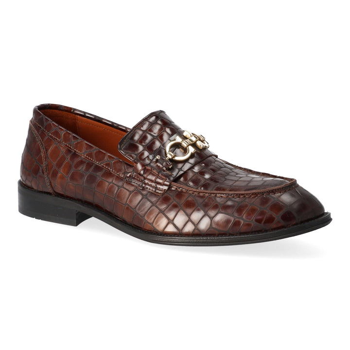 Brown leather loafers with gold details
