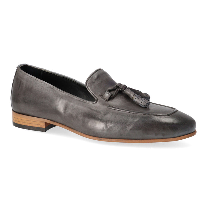 Gray leather loafers