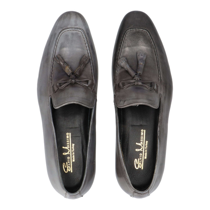 Gray leather loafers