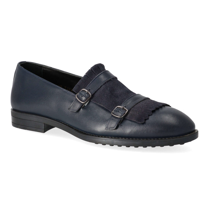 Blue leather loafers with turned leather detail and buckles