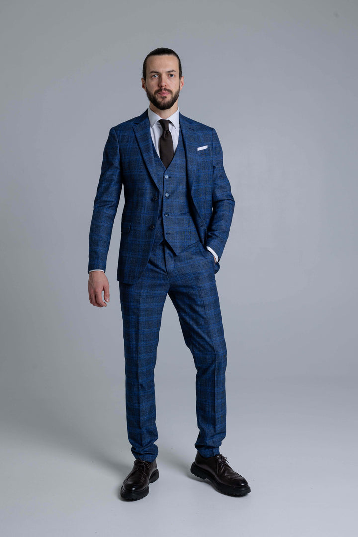 Three-piece blue check suit