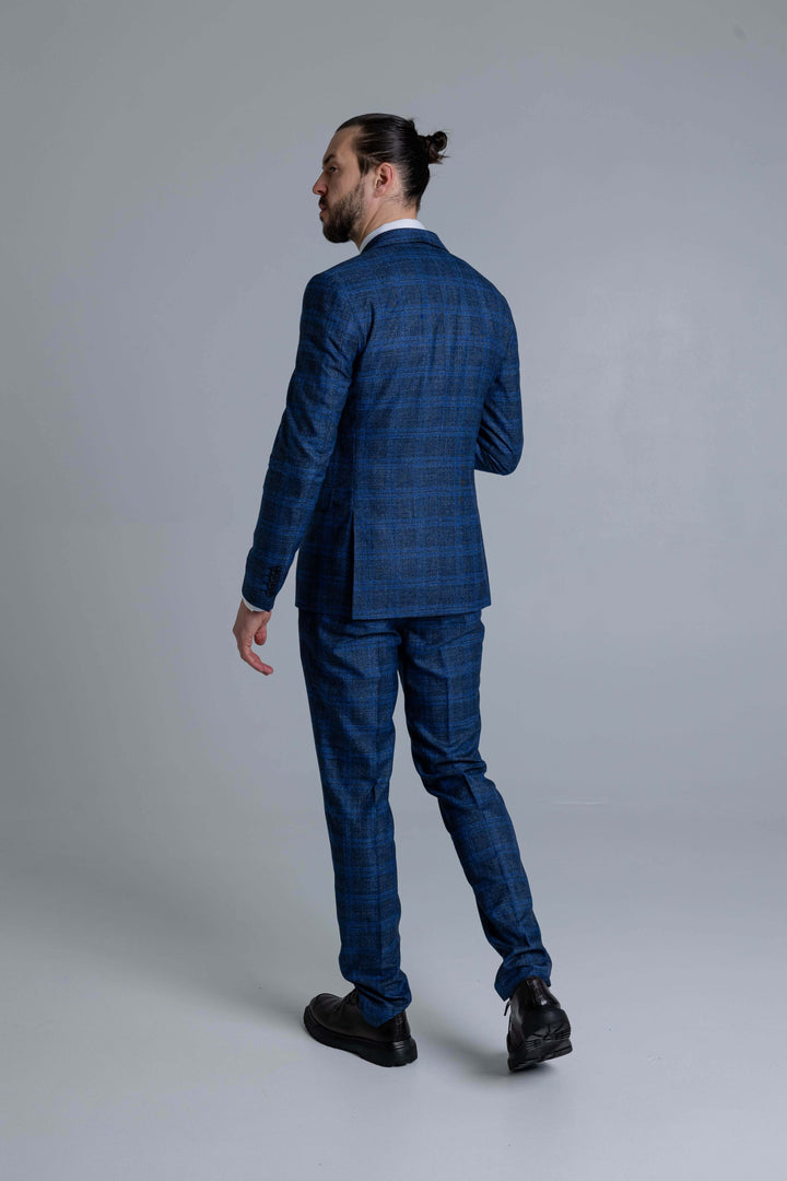 Three-piece blue check suit