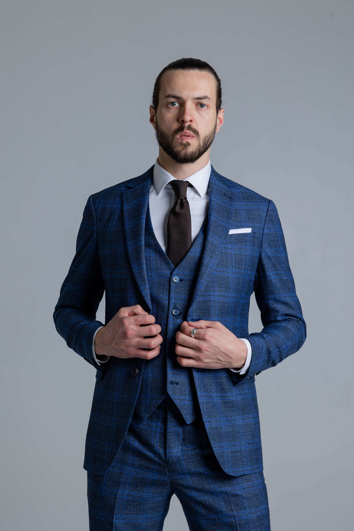 Three-piece blue check suit