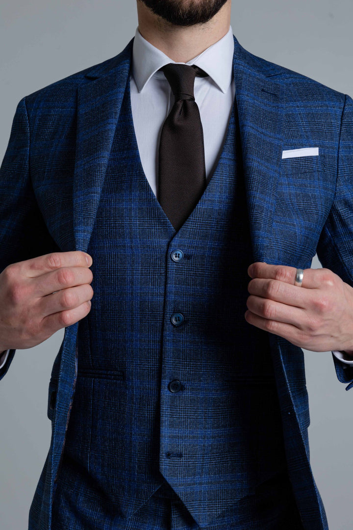 Three-piece blue check suit