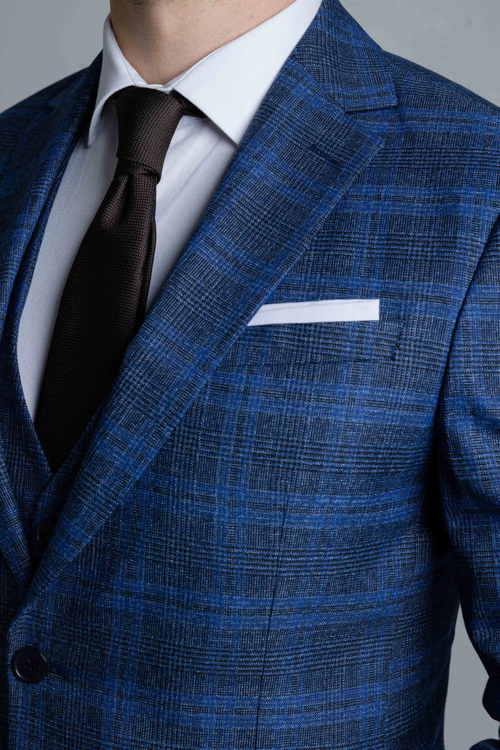 Three-piece blue check suit