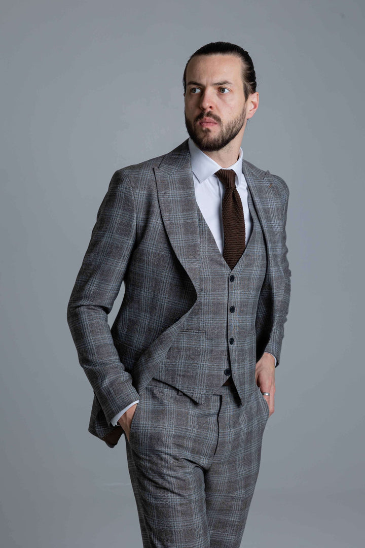 Three-piece gray-brown checked suit