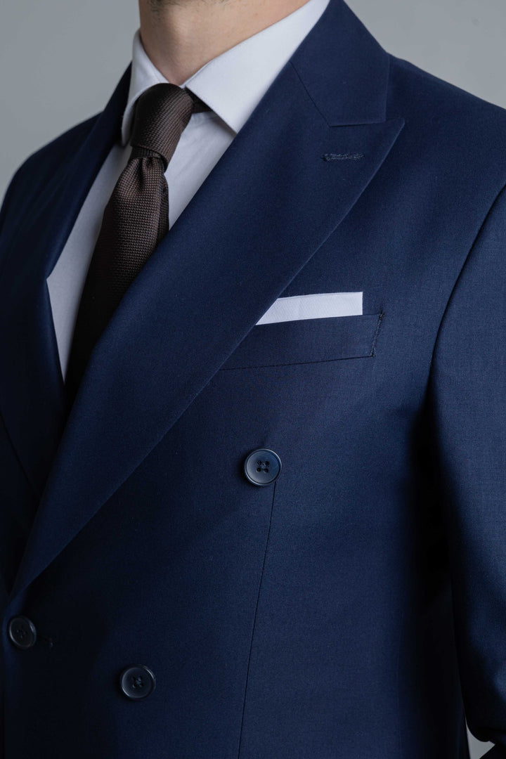 Two-piece blue suit with double-breasted jacket