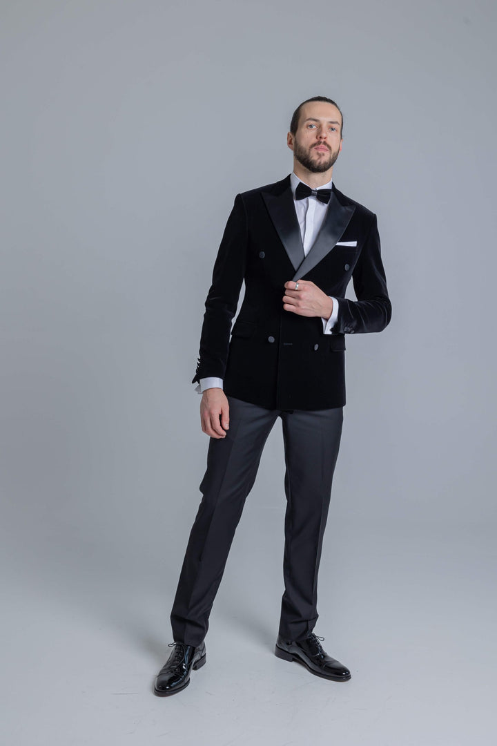 Black velor tuxedo with double breasted jacket