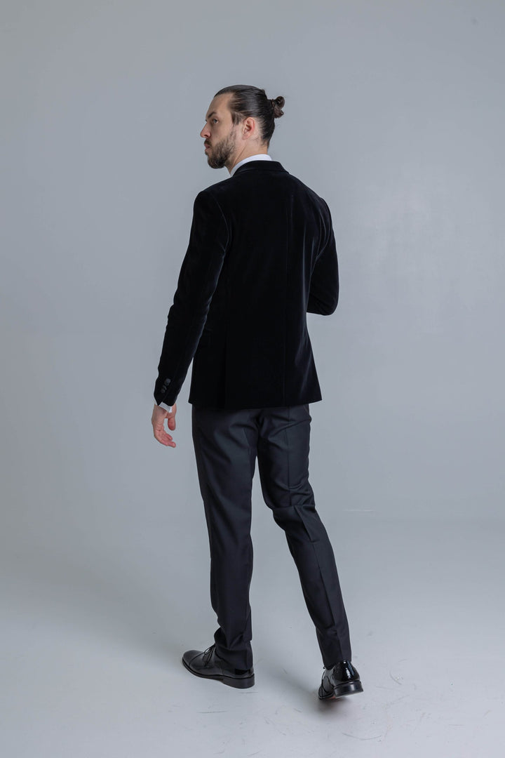 Black velor tuxedo with double breasted jacket