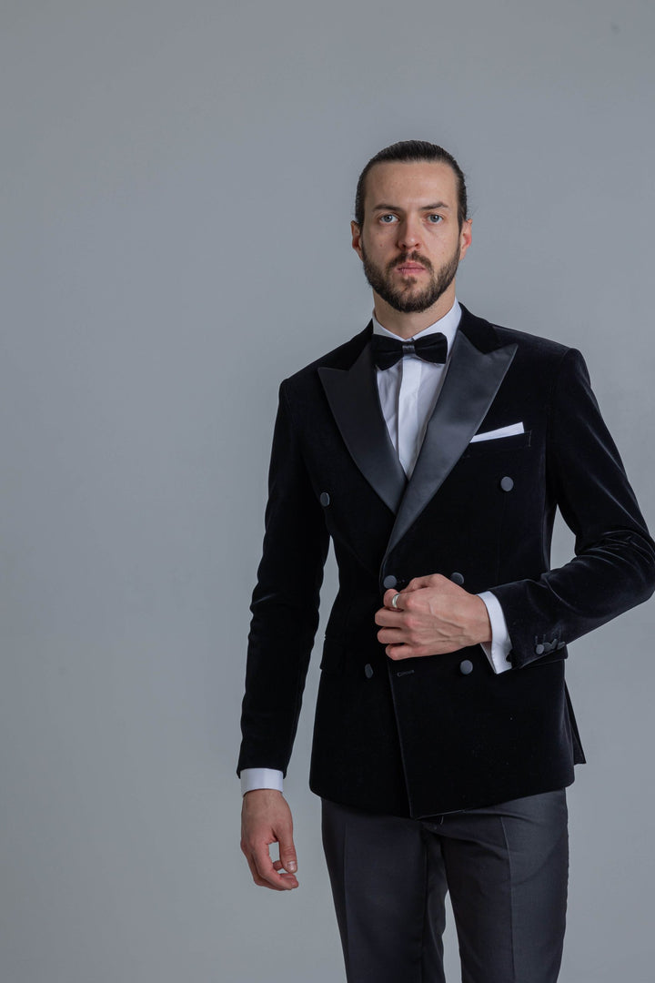 Black velor tuxedo with double breasted jacket