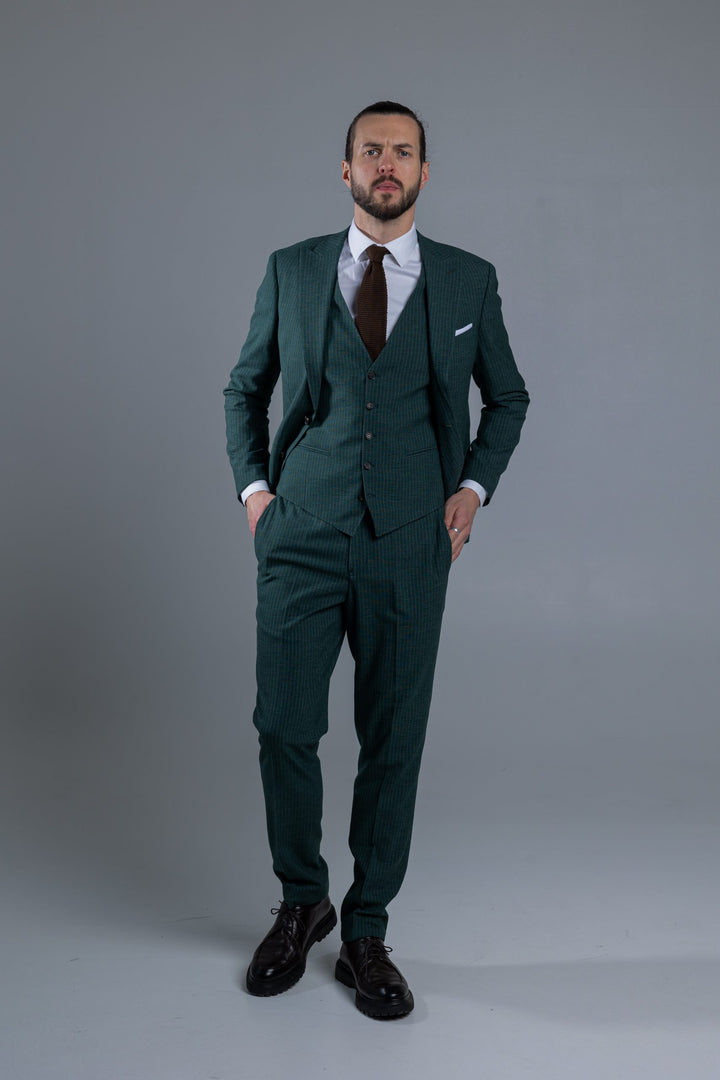 Three-piece green suit with stripes