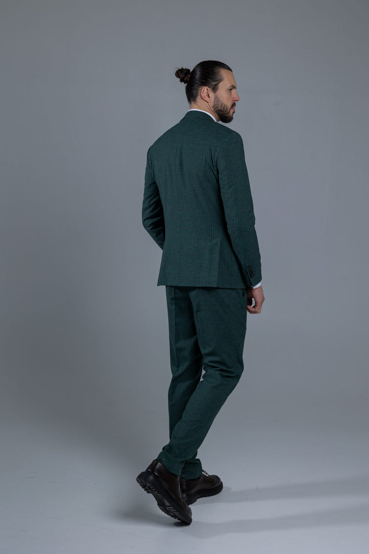 Three-piece green suit with stripes