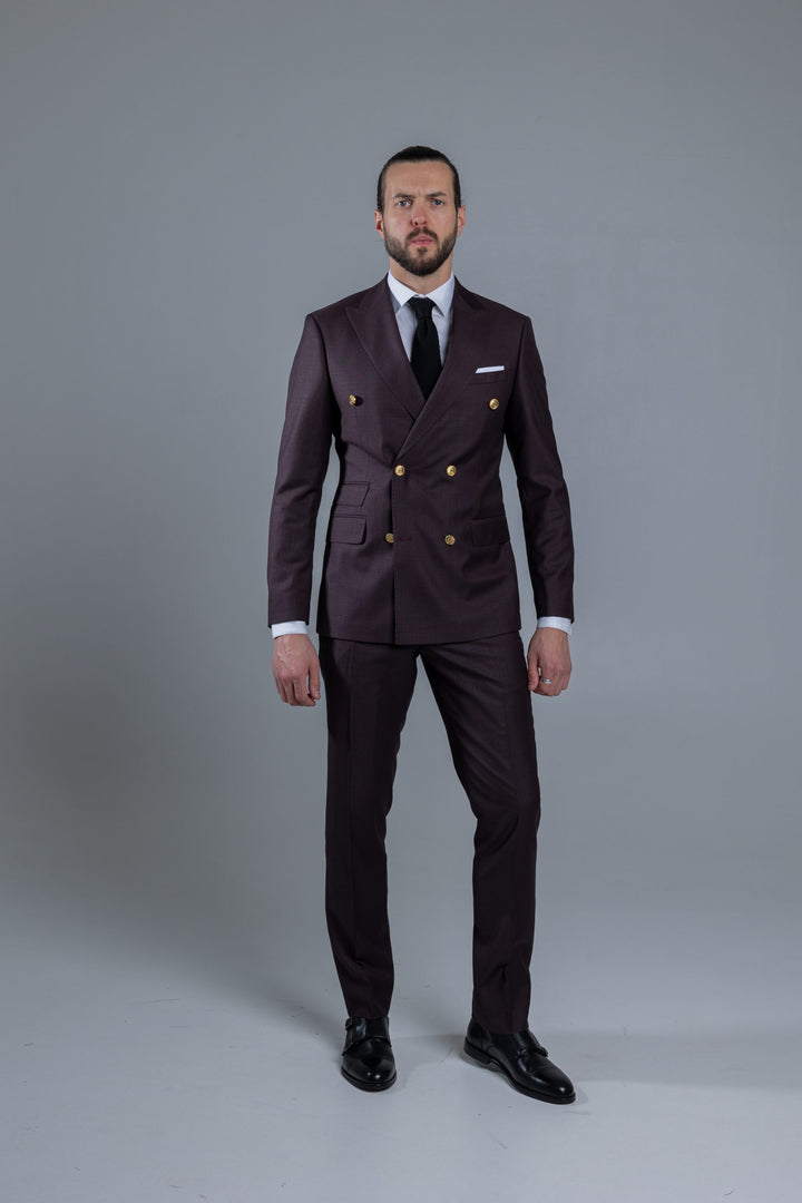 Two-piece burgundy suit with double-breasted jacket