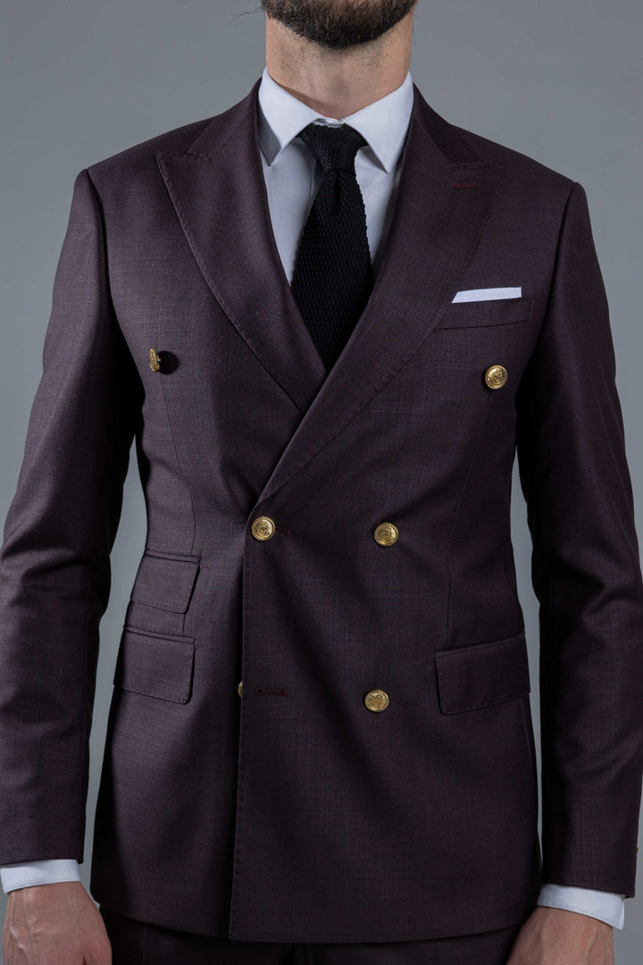 Two-piece burgundy suit with double-breasted jacket