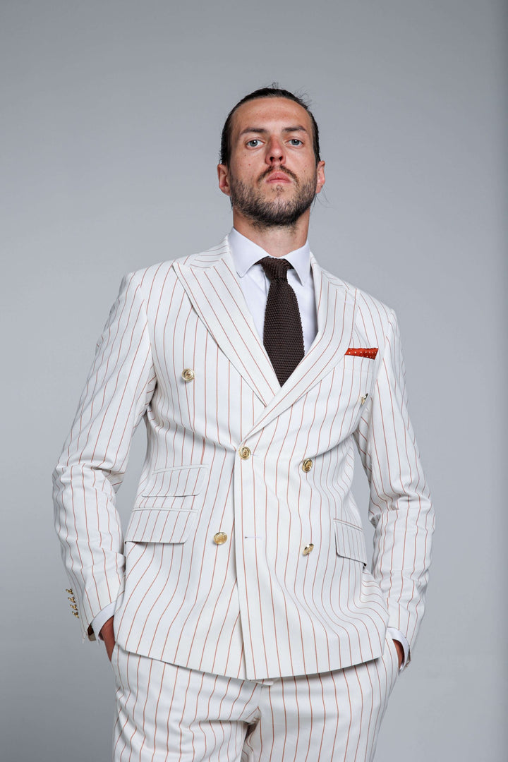 Two-piece white suit with double-breasted jacket and stripes