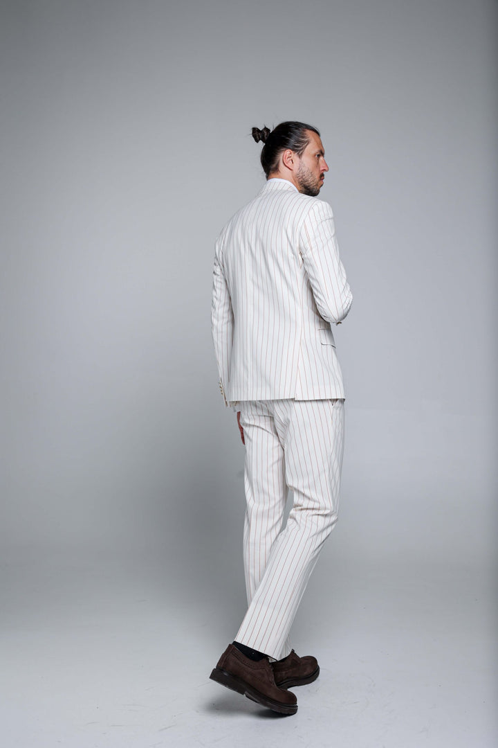 Two-piece white suit with double-breasted jacket and stripes