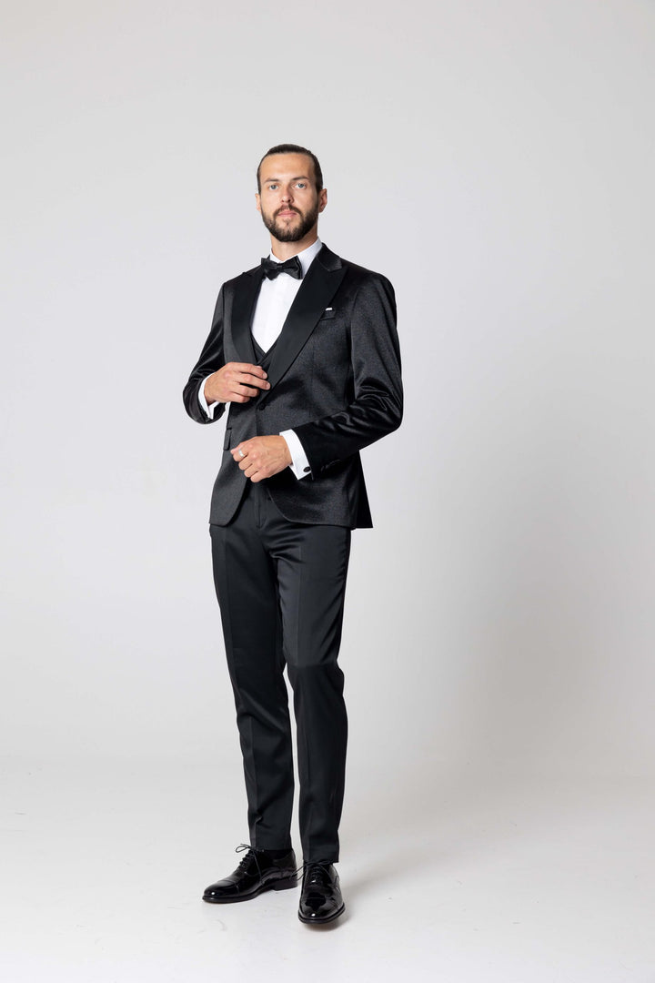 Three-piece shiny black tuxedo