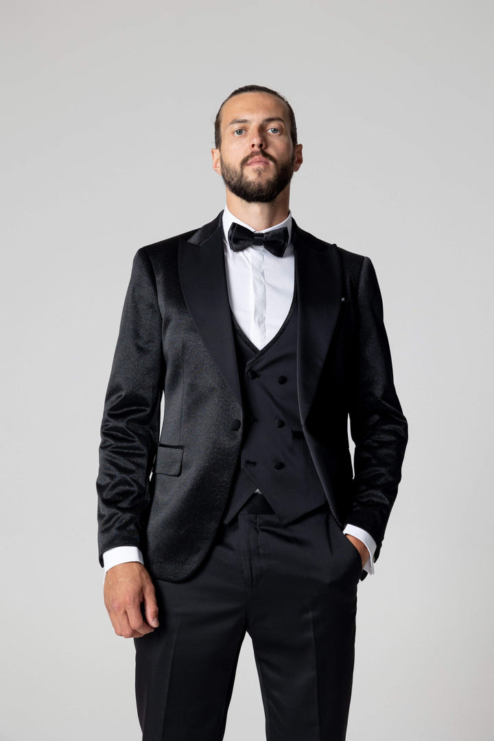 Three-piece shiny black tuxedo