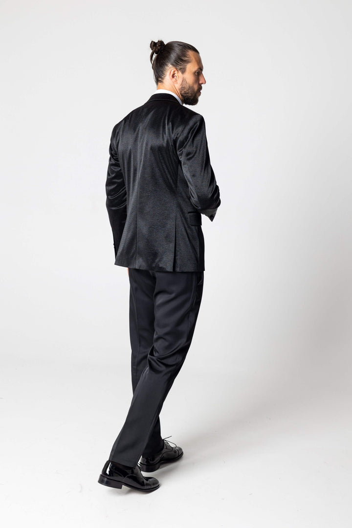 Three-piece shiny black tuxedo