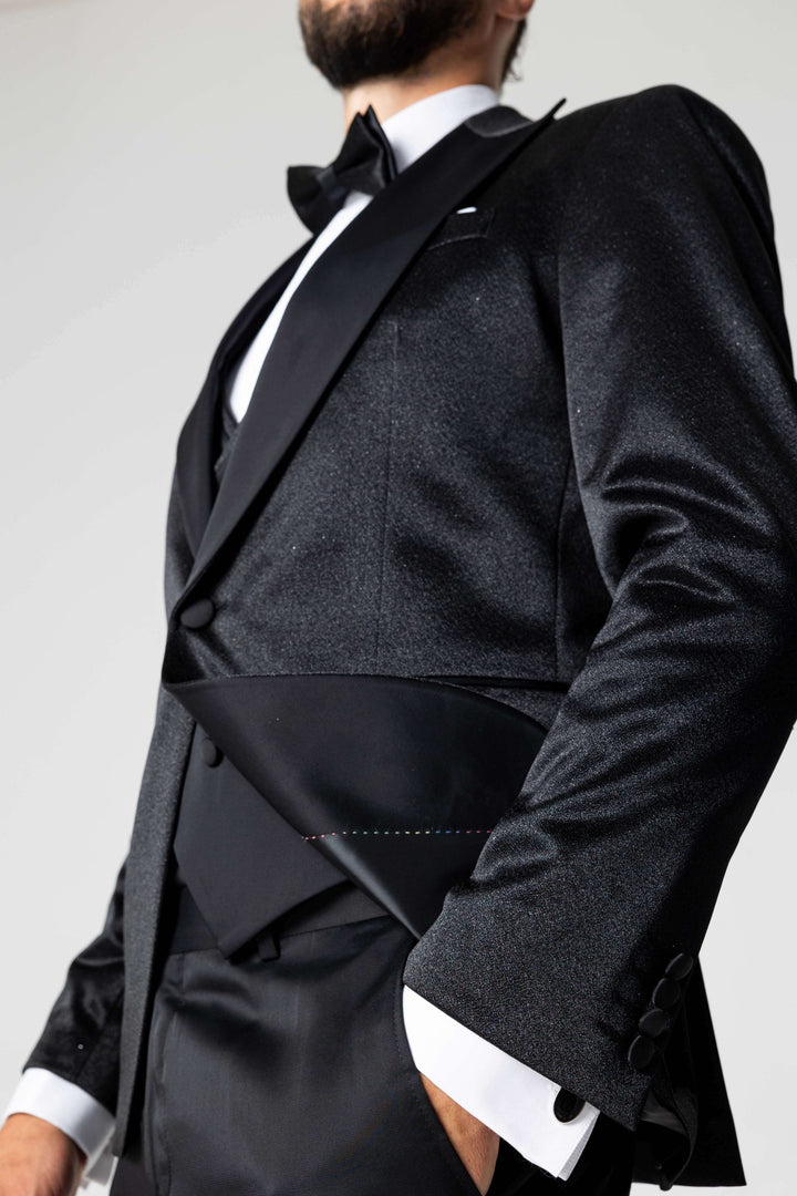 Three-piece shiny black tuxedo