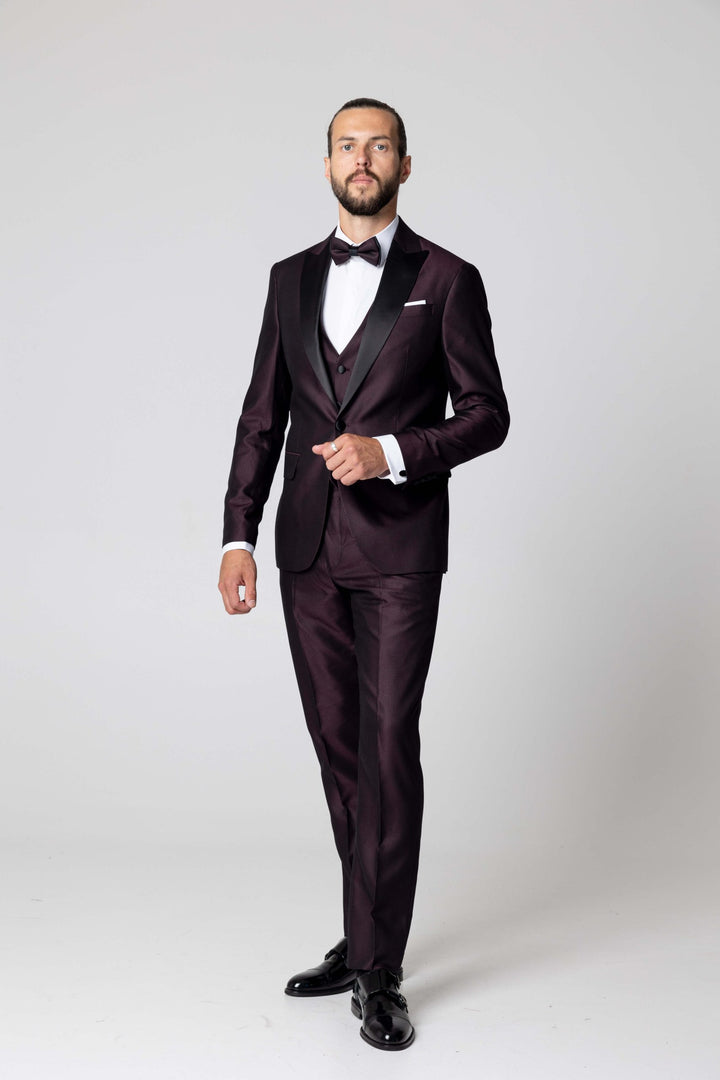 Three-piece burgundy tuxedo with bow tie