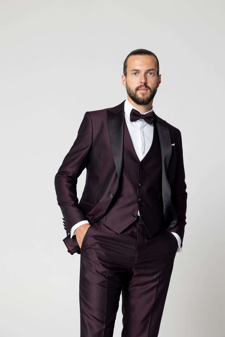 Three-piece burgundy tuxedo with bow tie
