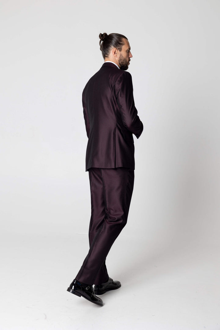 Three-piece burgundy tuxedo with bow tie