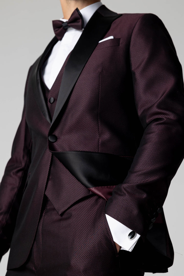 Three-piece burgundy tuxedo with bow tie