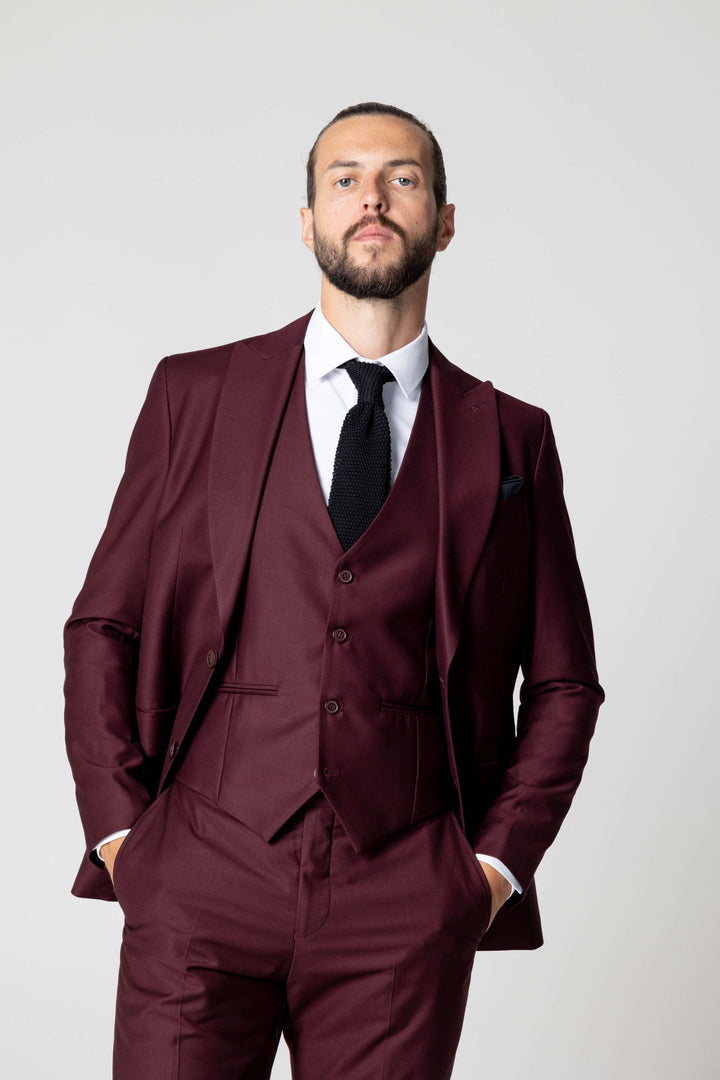 Three-piece burgundy suit