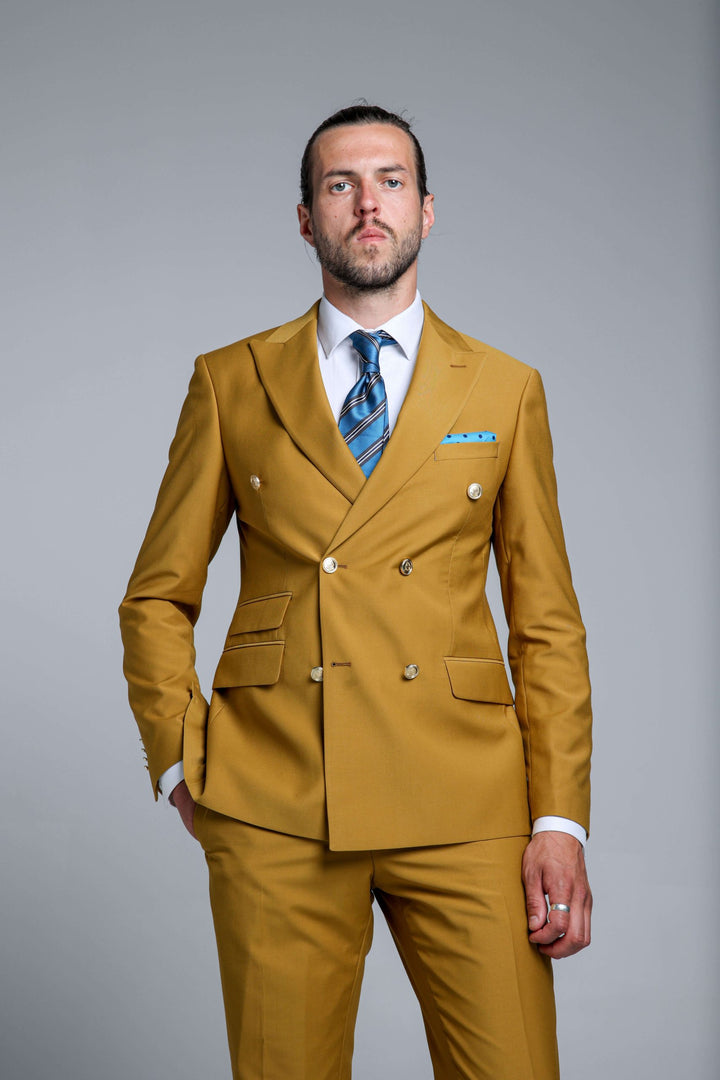 Mustard two-piece suit with double-breasted jacket