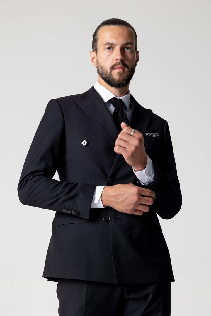 Two-piece black suit with double-breasted jacket