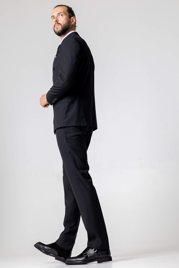 Two-piece black suit with double-breasted jacket