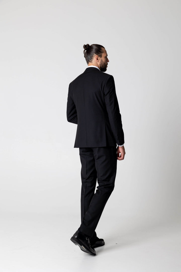 Two-piece black suit with double-breasted jacket