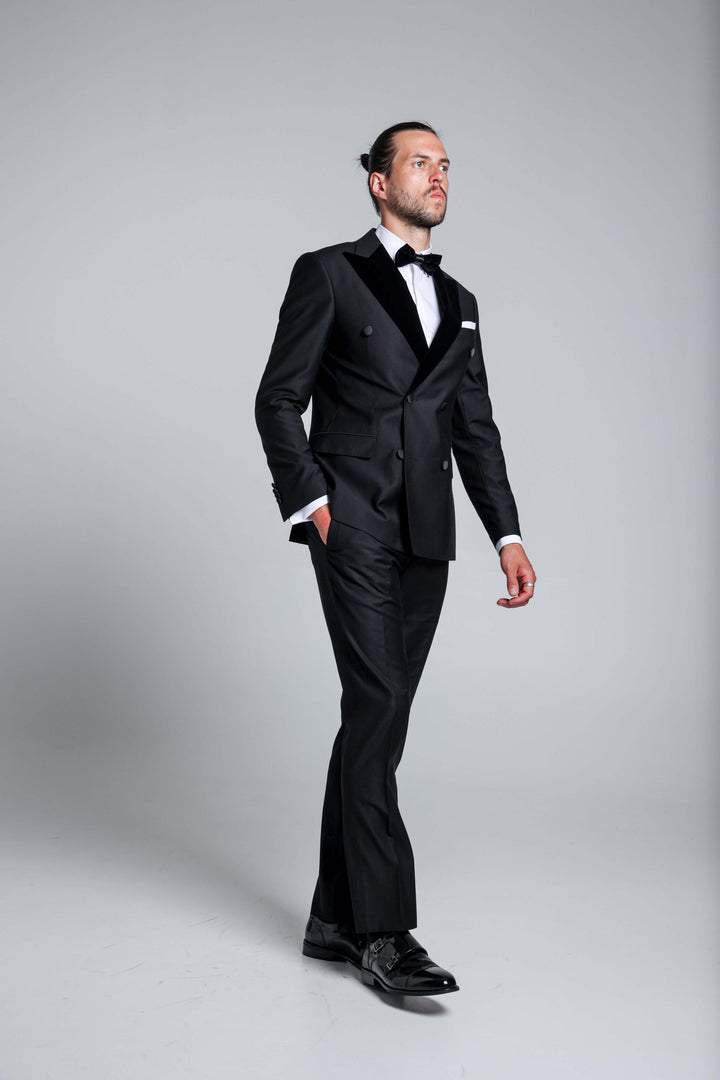 Two-piece tuxedo with velor lapels