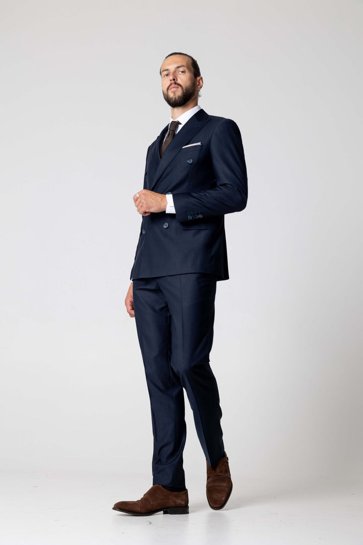 Two-piece navy blue suit with double-breasted jacket