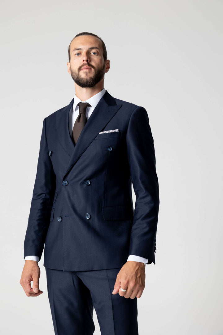 Two-piece navy blue suit with double-breasted jacket