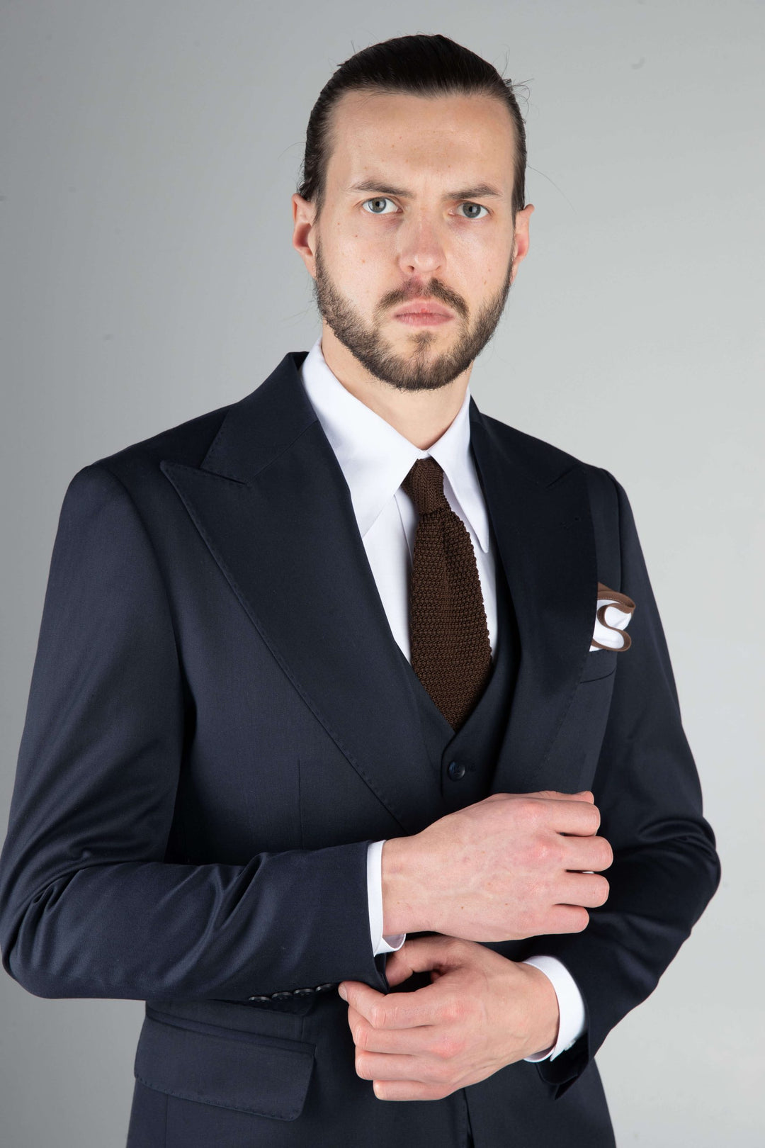 Three-piece blue suit with extra wide lapels