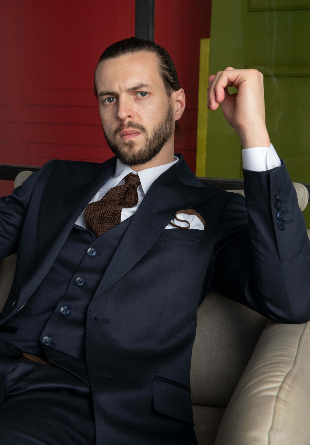 Three-piece blue suit with extra wide lapels