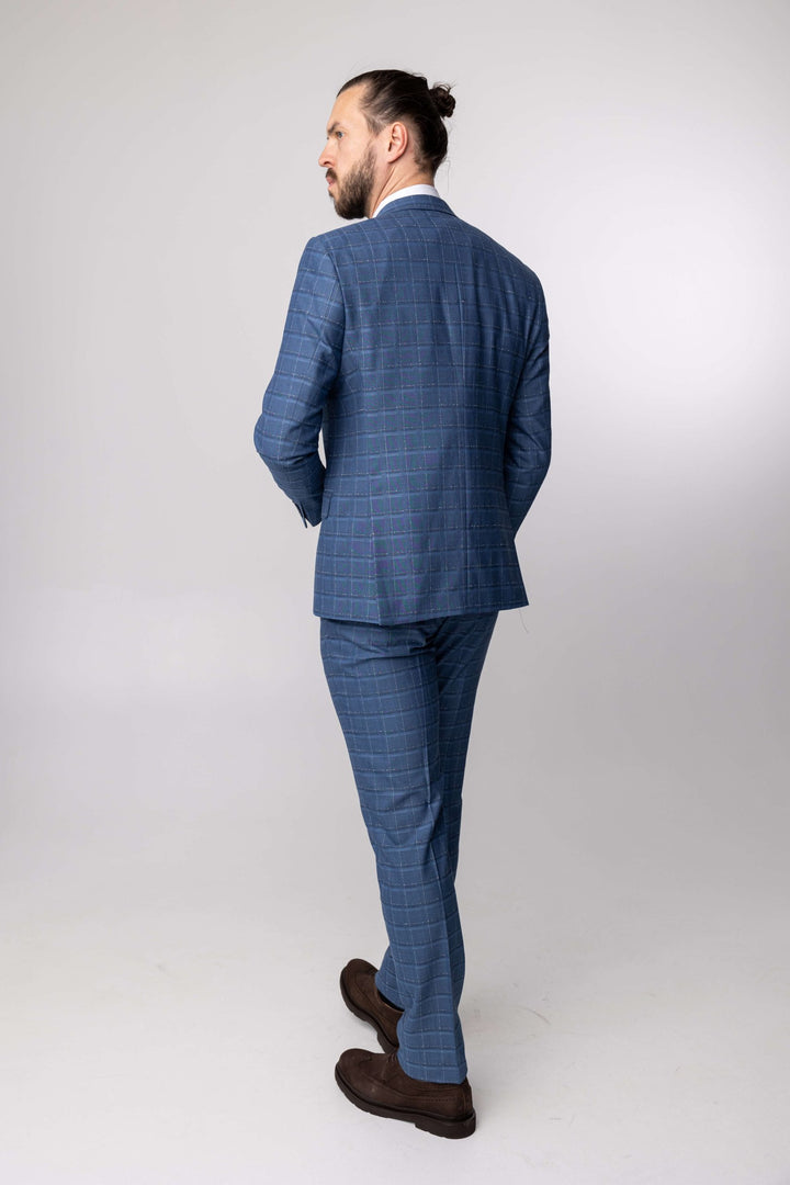Two-piece light blue checked suit with double-breasted jacket